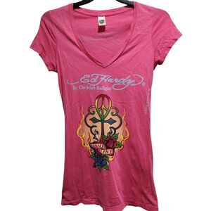 Ed Hardy True Love V Neck Tee Pink Graphic Christian Audigier Y2K Womens L